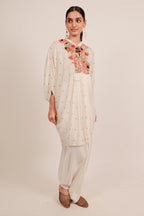 Pearl White Silk Intricate Thread Embroidery Kaftan Style Top