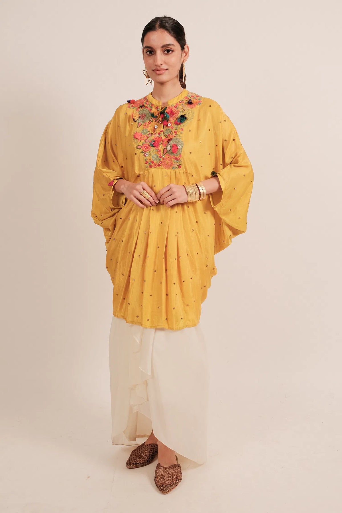 Yellow Silk Intricate Thread Embroidery Kaftan Style Top
