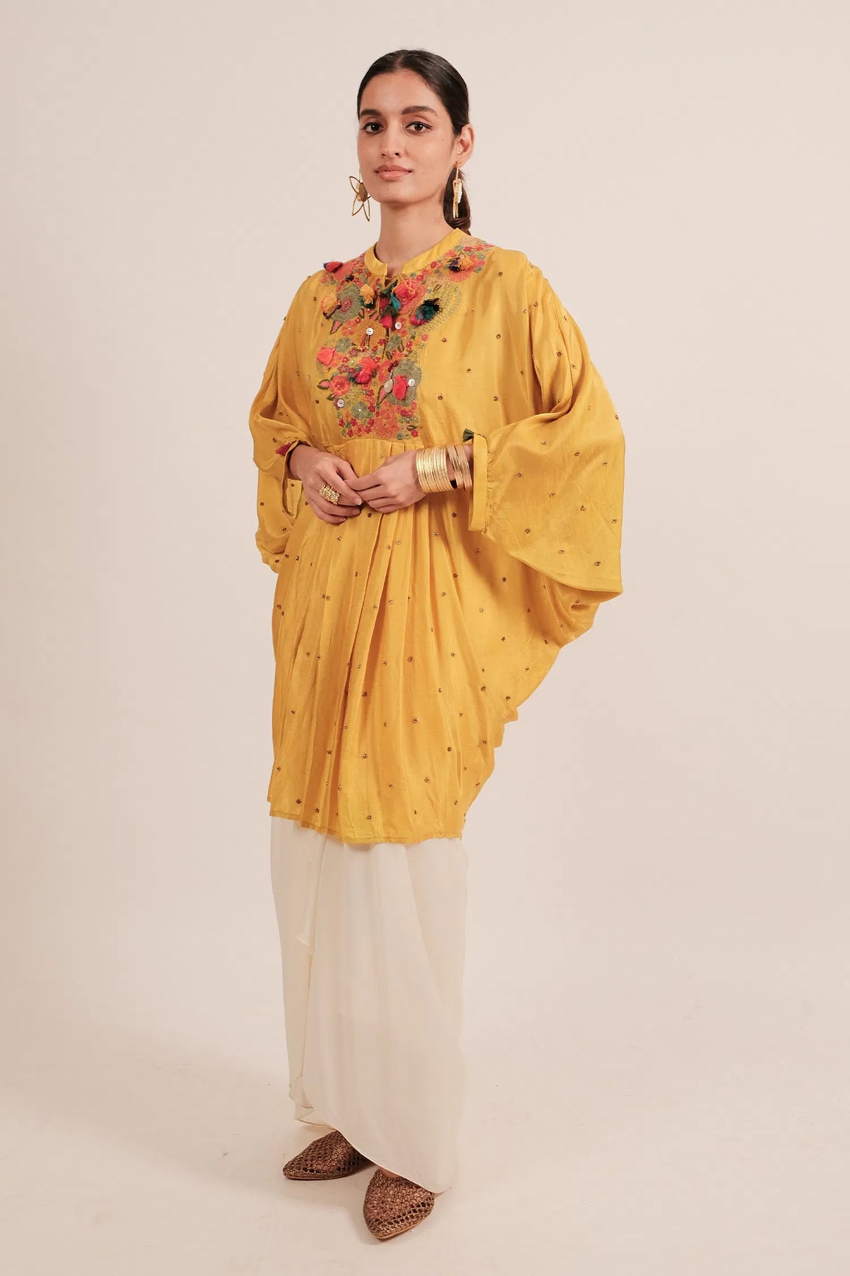 Yellow Silk Intricate Thread Embroidery Kaftan Style Top