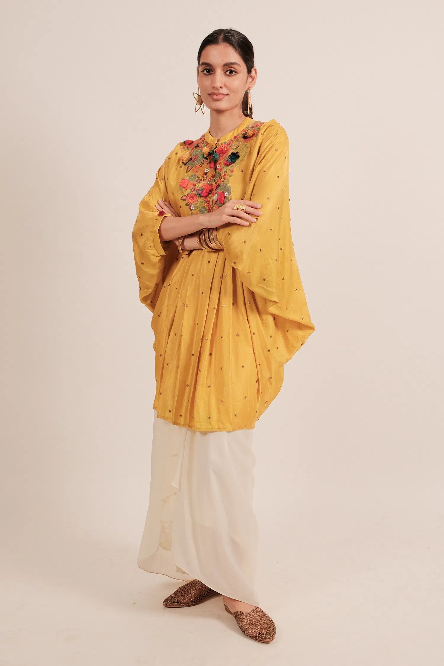 Yellow Silk Intricate Thread Embroidery Kaftan Style Top