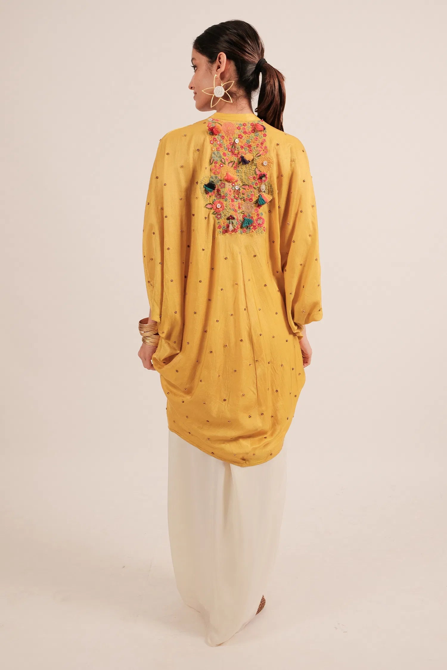 Yellow Silk Intricate Thread Embroidery Kaftan Style Top