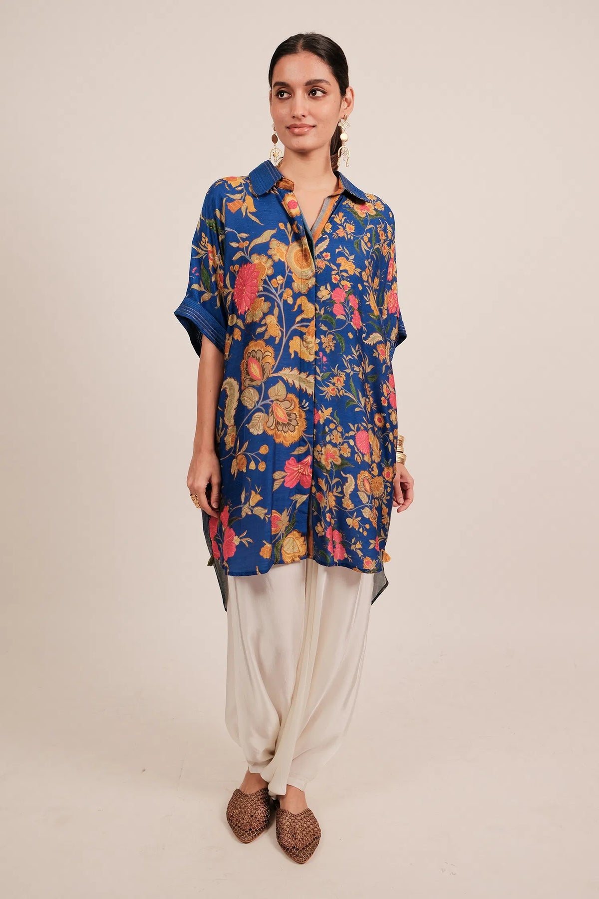Blue Silk Floral Printed High and Low Top with Pocket