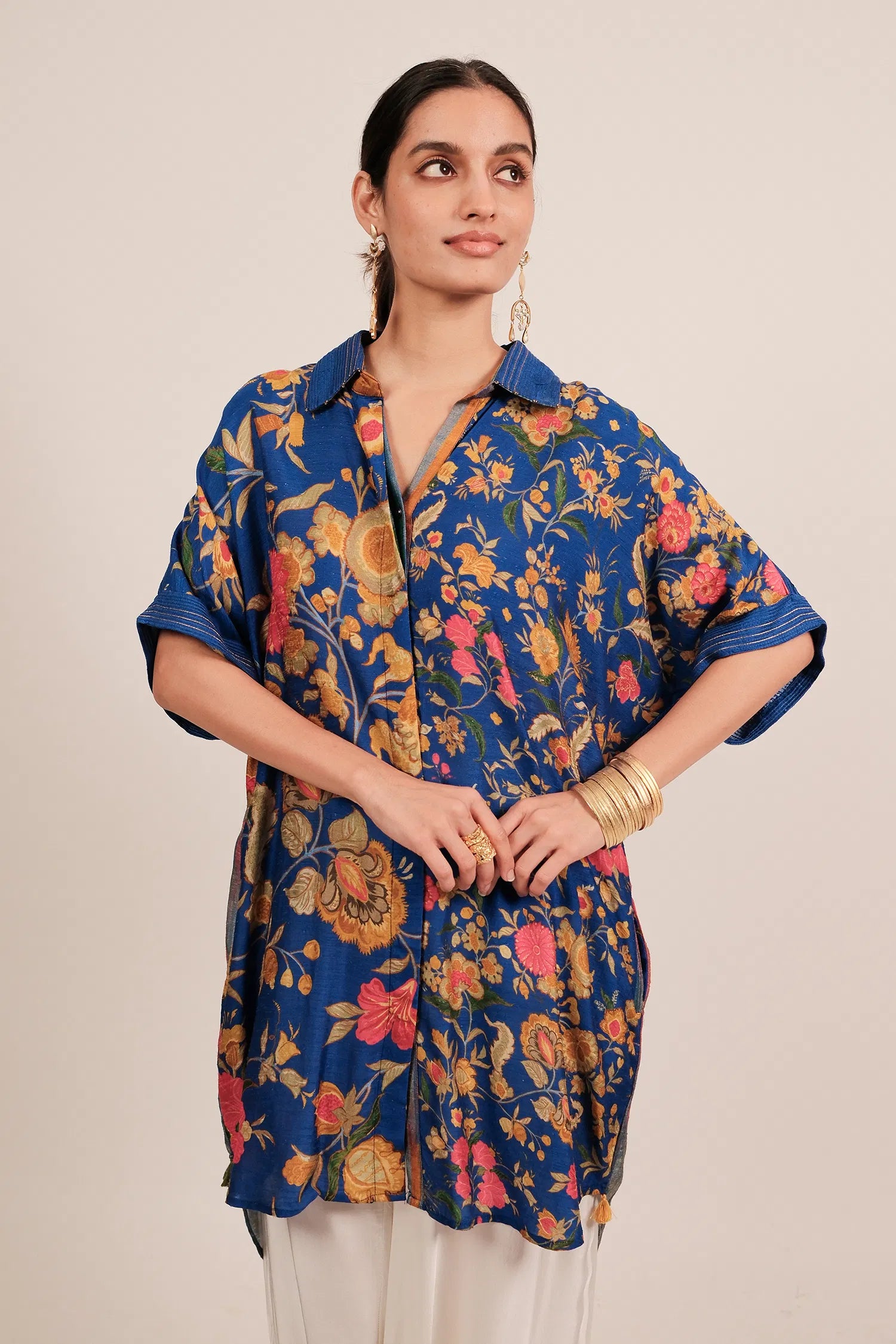 Blue Silk Floral Printed High and Low Top with Pocket