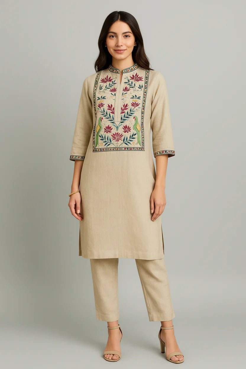 Beige Linen Embroidered Co-Ord Set