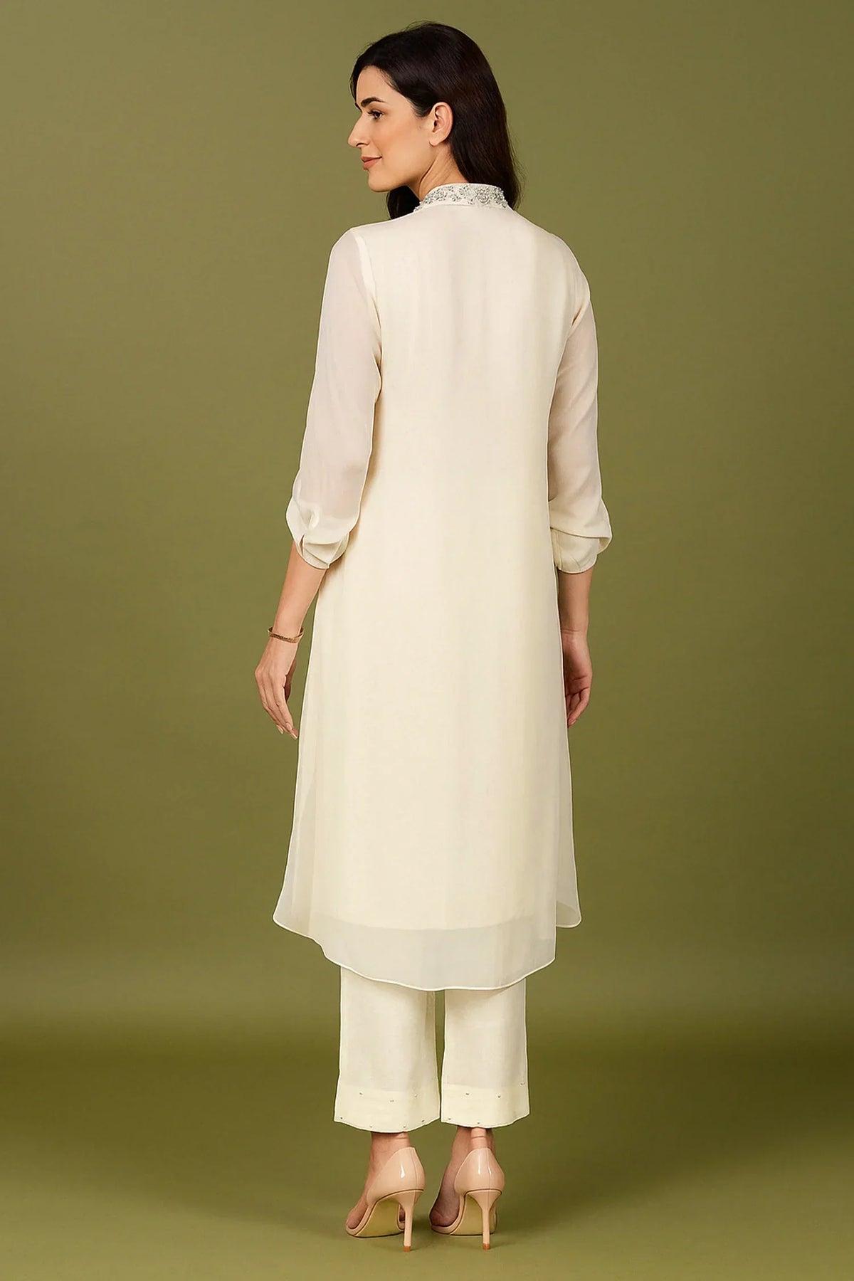 Cream Georgette Sequin Cutdana Worked Kurti Set