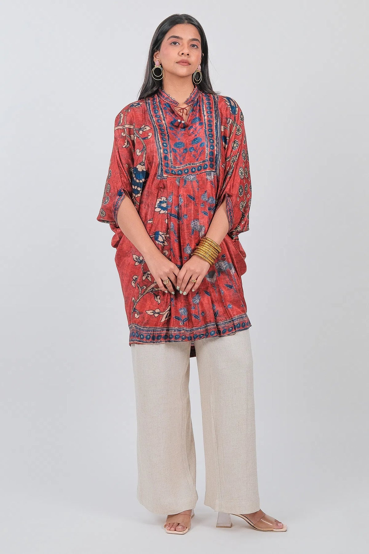 Red Crepe Silk Printed Kaftan Style Tunic