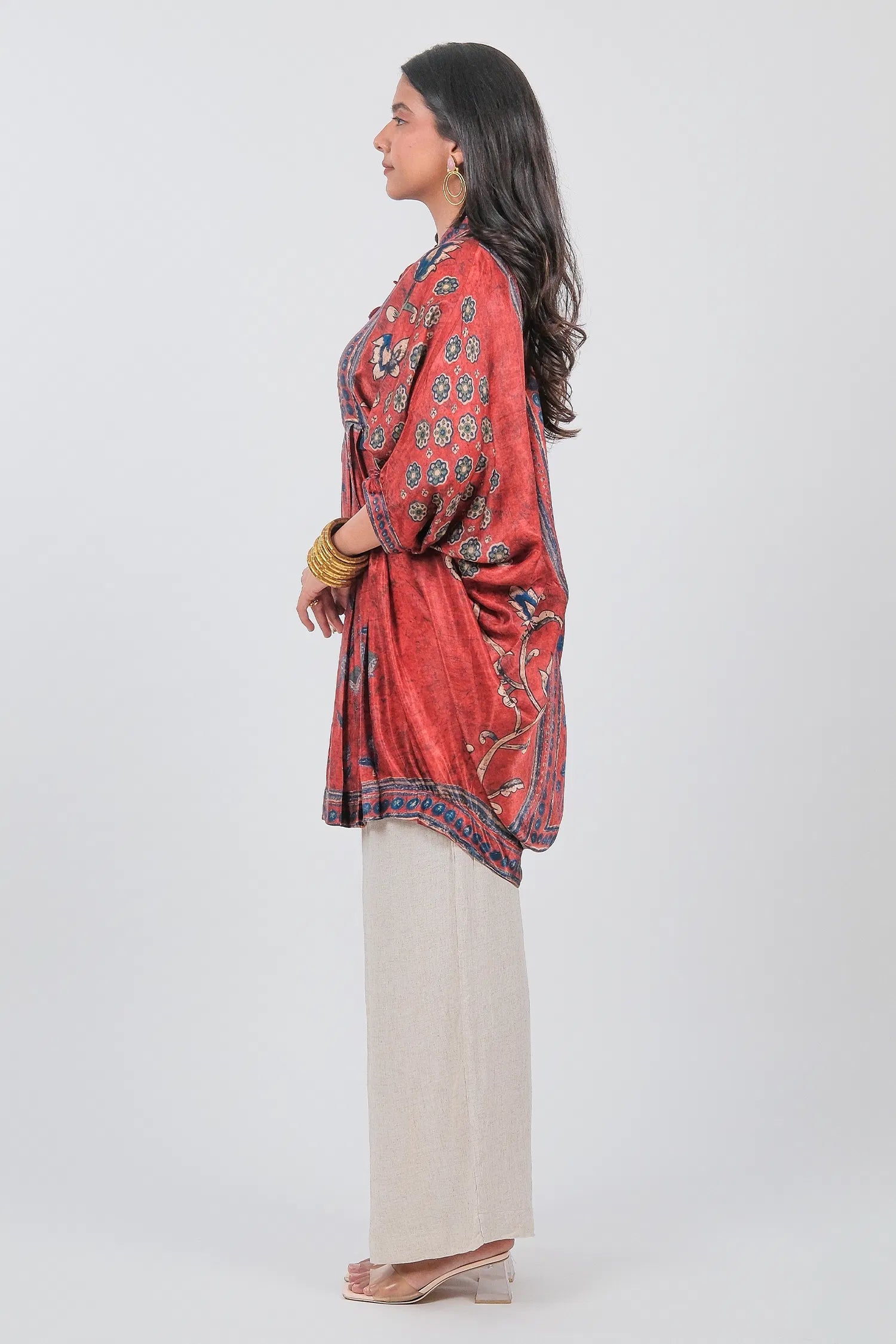 Red Crepe Silk Printed Kaftan Style Tunic