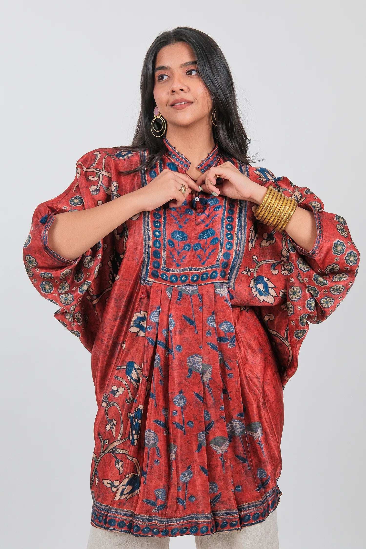 Red Crepe Silk Printed Kaftan Style Tunic