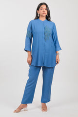 Blue Viscose Rayon Beaded and Cutdana Work Co-Ord Set