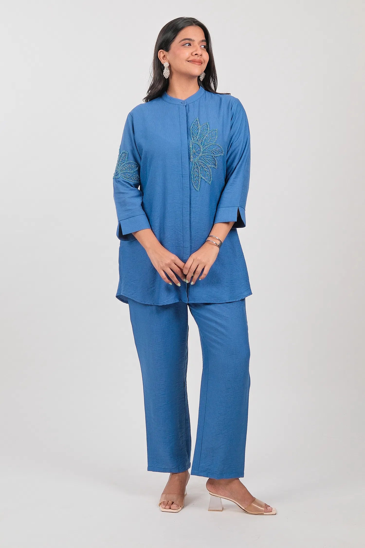 Blue Viscose Rayon Beaded and Cutdana Work Co-Ord Set