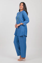 Blue Viscose Rayon Beaded and Cutdana Work Co-Ord Set
