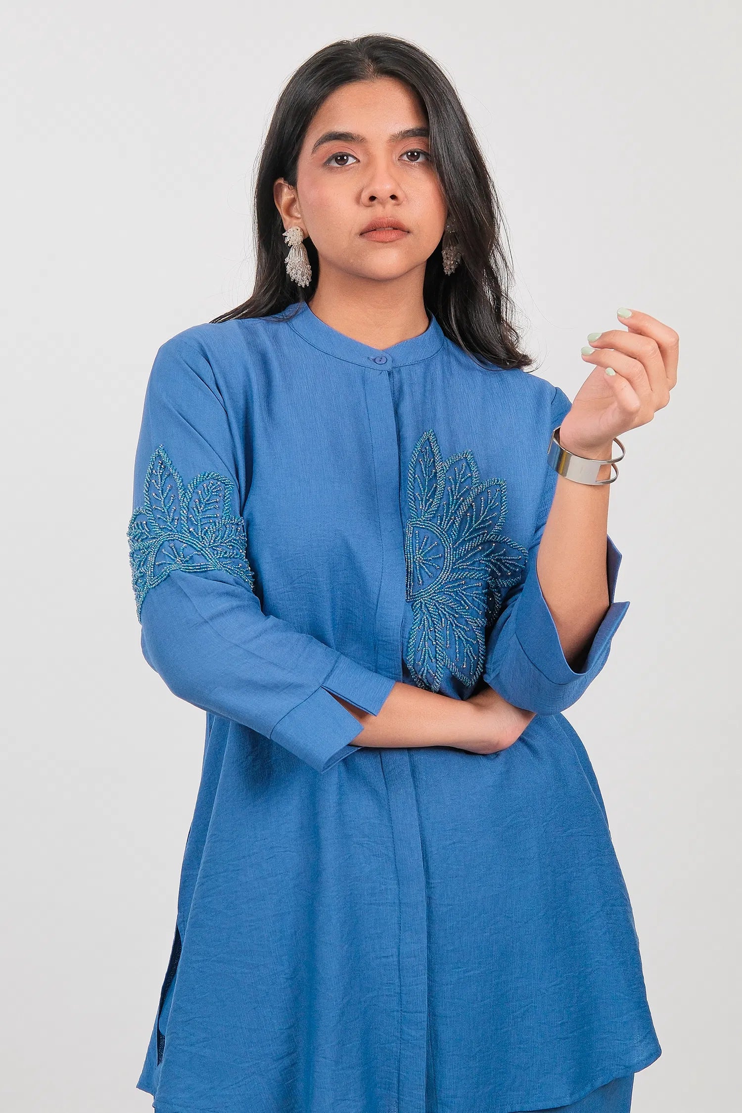 Blue Viscose Rayon Beaded and Cutdana Work Co-Ord Set