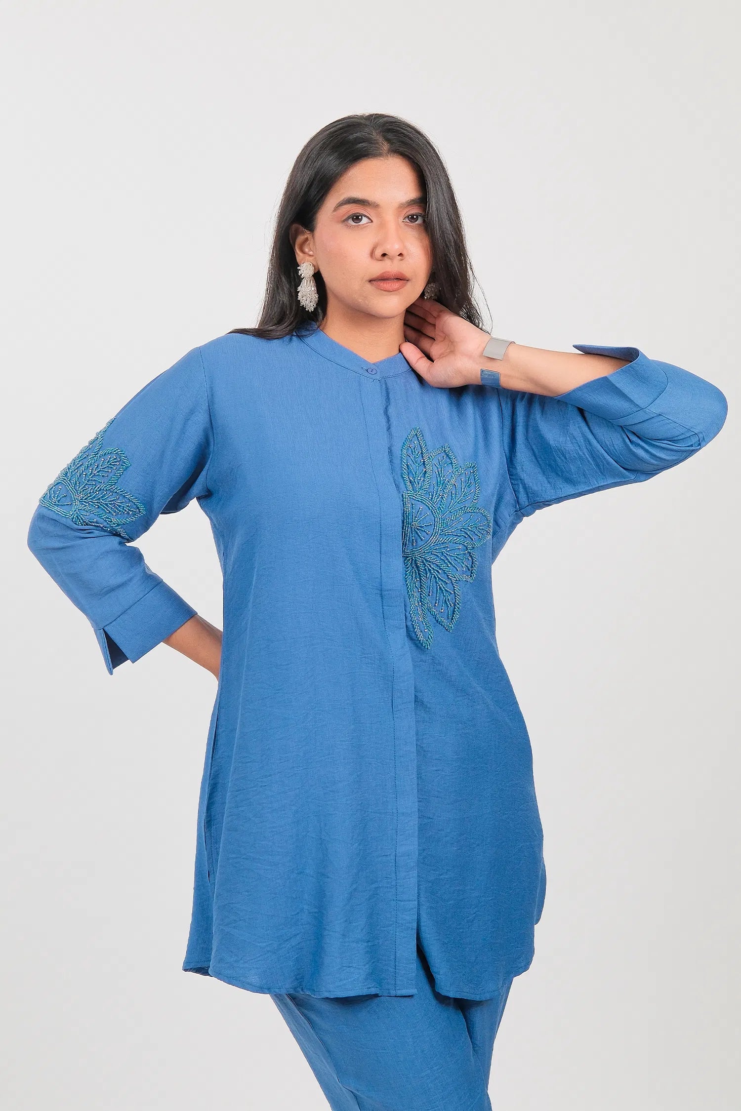 Blue Viscose Rayon Beaded and Cutdana Work Co-Ord Set