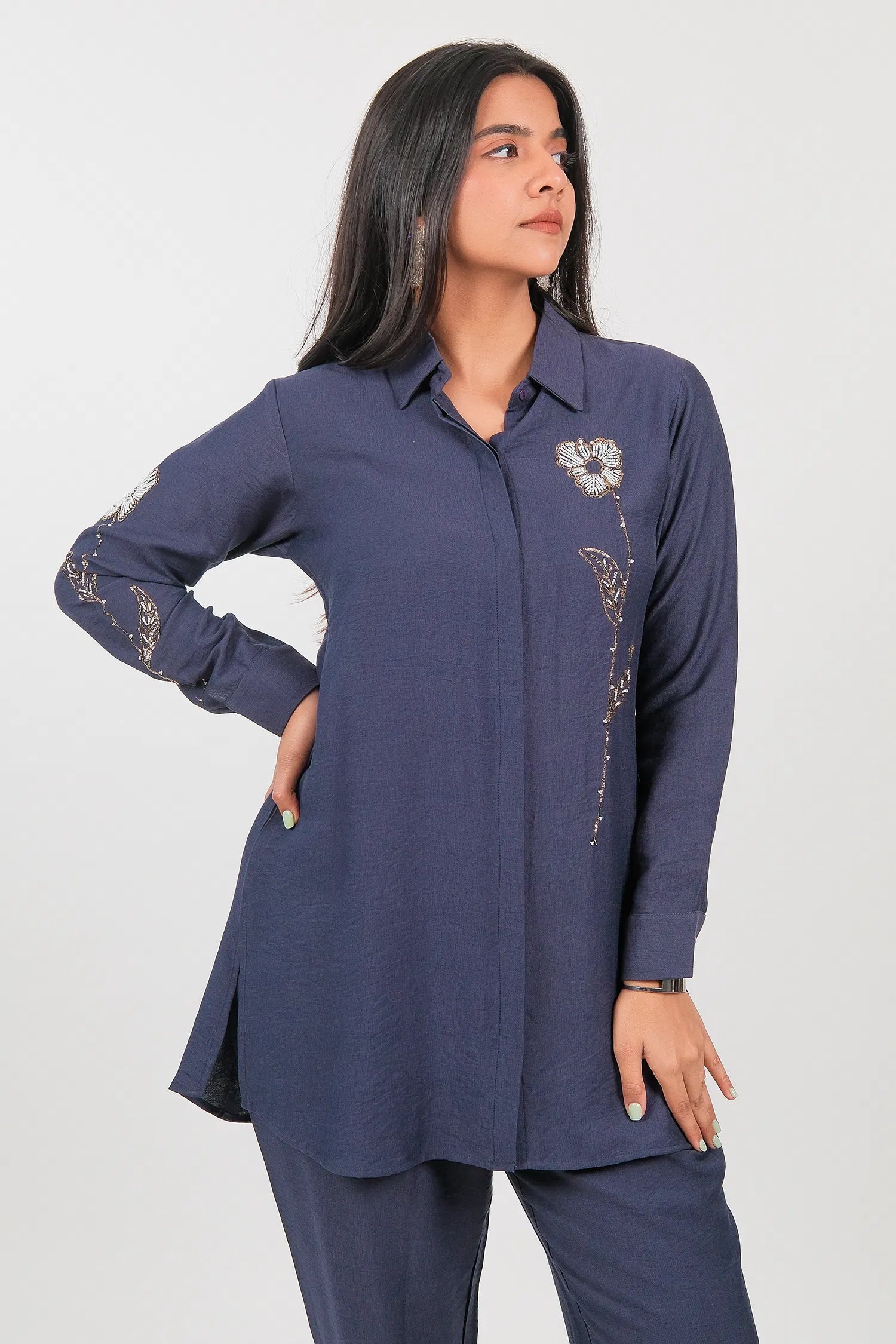 Grey Viscose Rayon Beaded and Sequin Worked Co-Ord Set