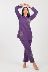 Purple Jatan Cotton Beaded and Cutdana Worked Co-Ord Set