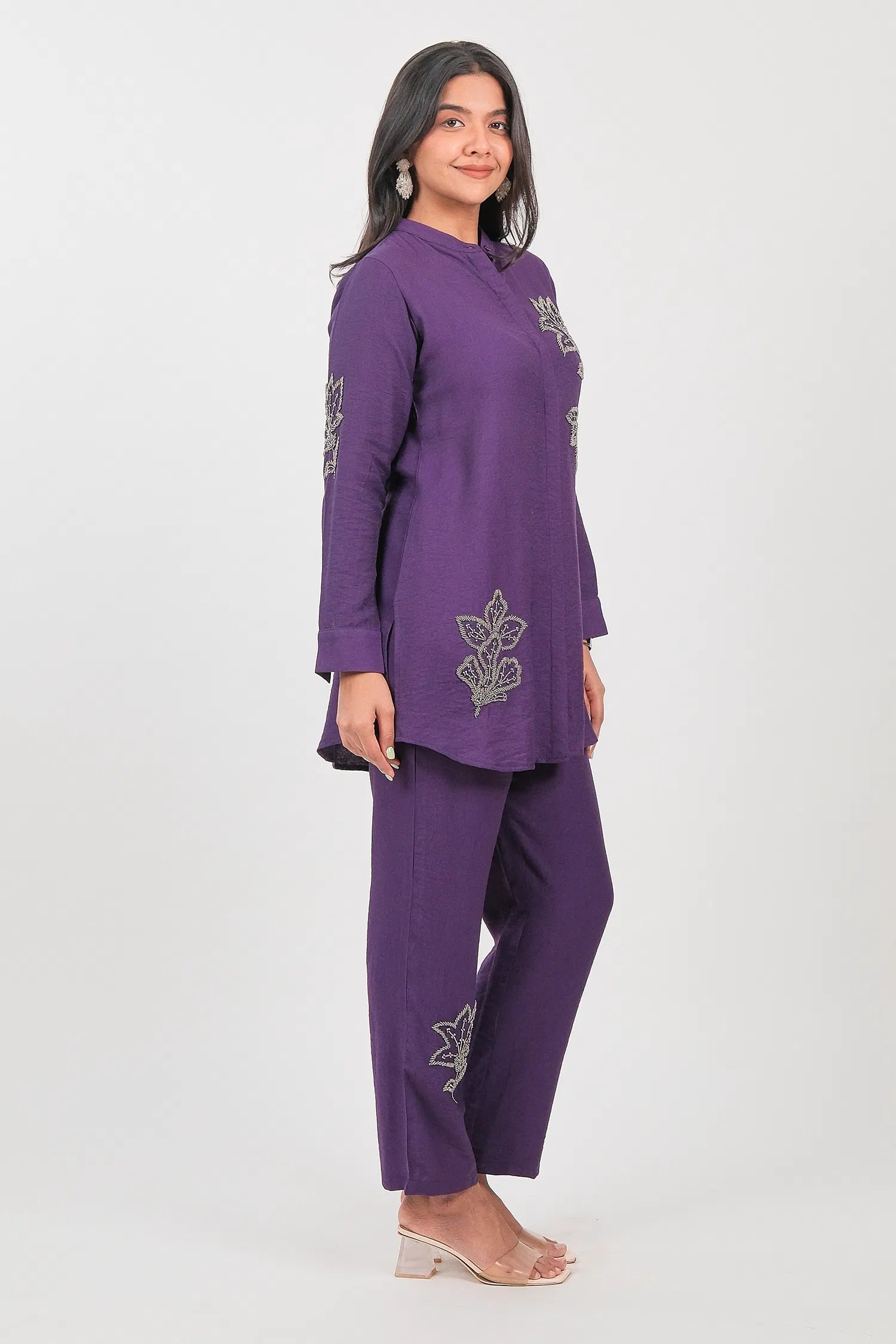 Purple Jatan Cotton Beaded and Cutdana Worked Co-Ord Set