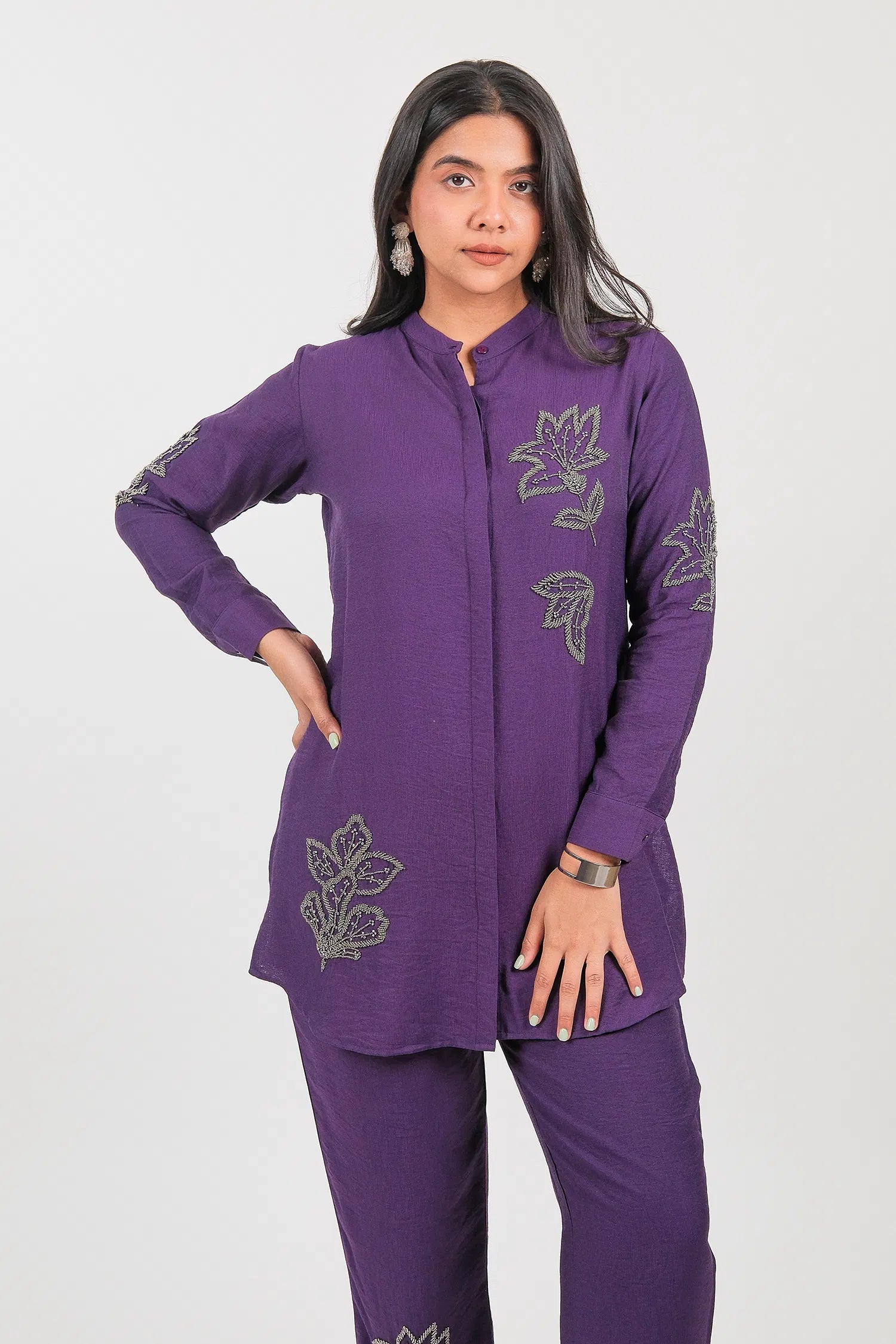 Purple Jatan Cotton Beaded and Cutdana Worked Co-Ord Set