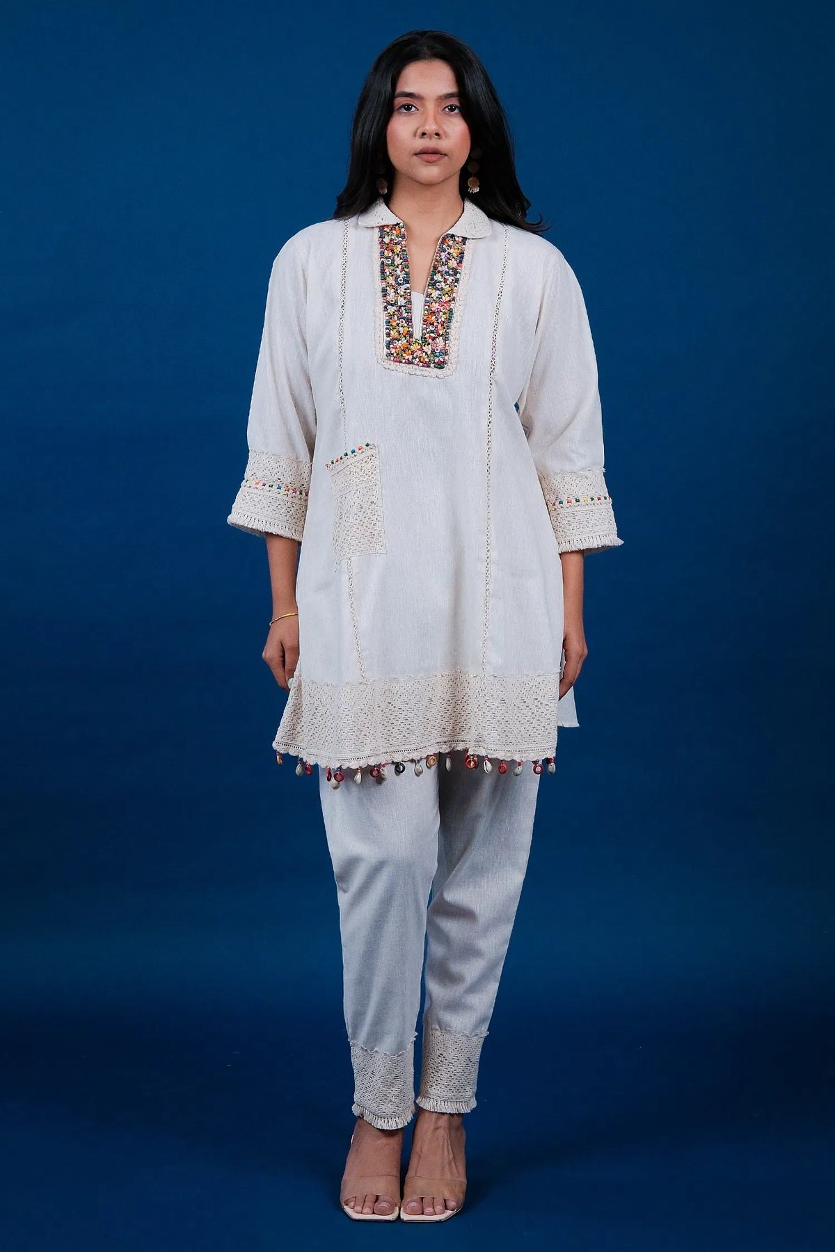 Off White Jatan Cotton Co-Ord Set Featuring with Shell Detailing