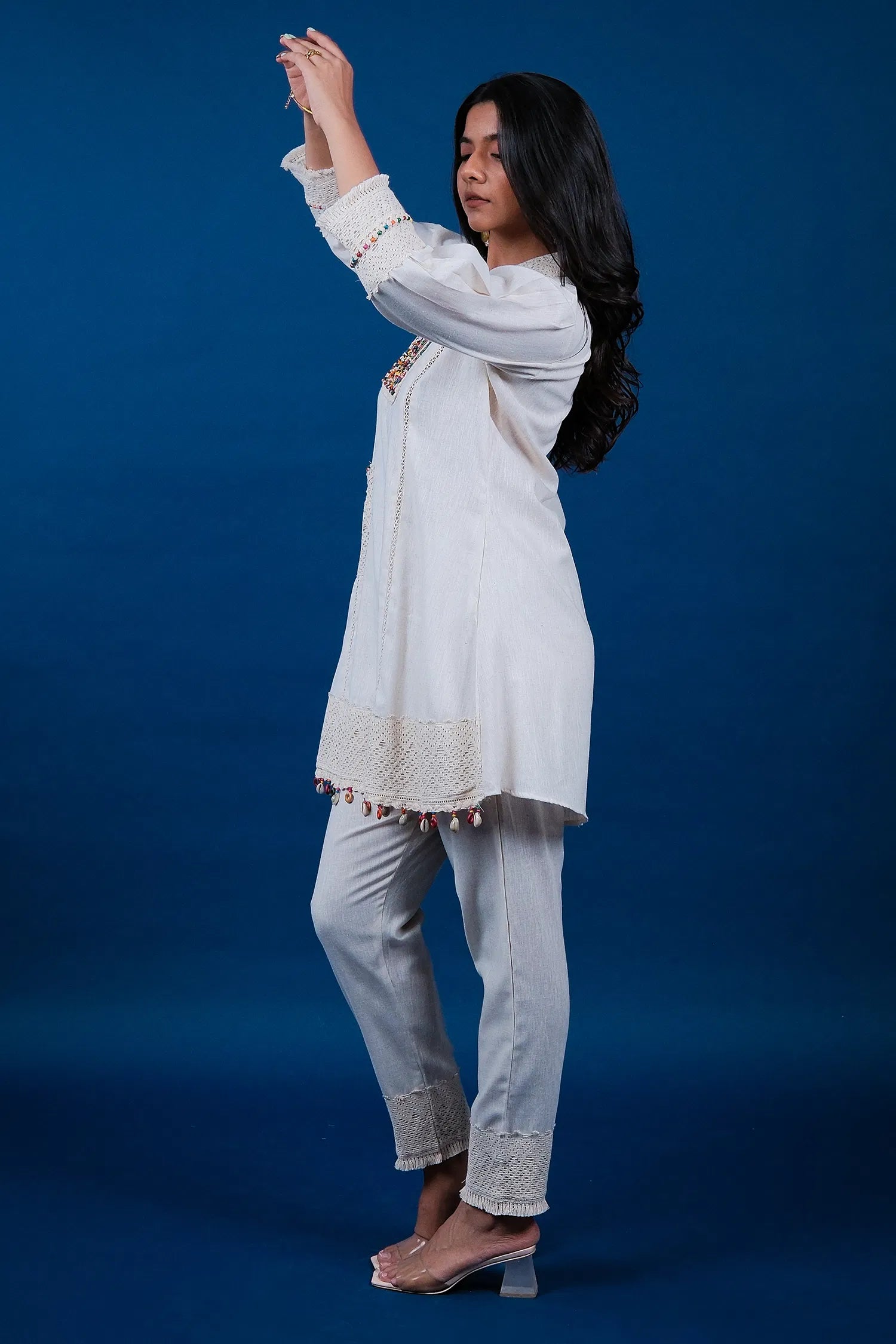 Off White Jatan Cotton Co-Ord Set Featuring with Shell Detailing
