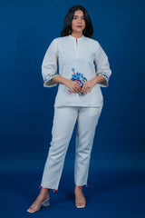Off White Cotton Thread Embroidered Co-Ord Set