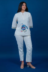 Off White Cotton Thread Embroidered Co-Ord Set