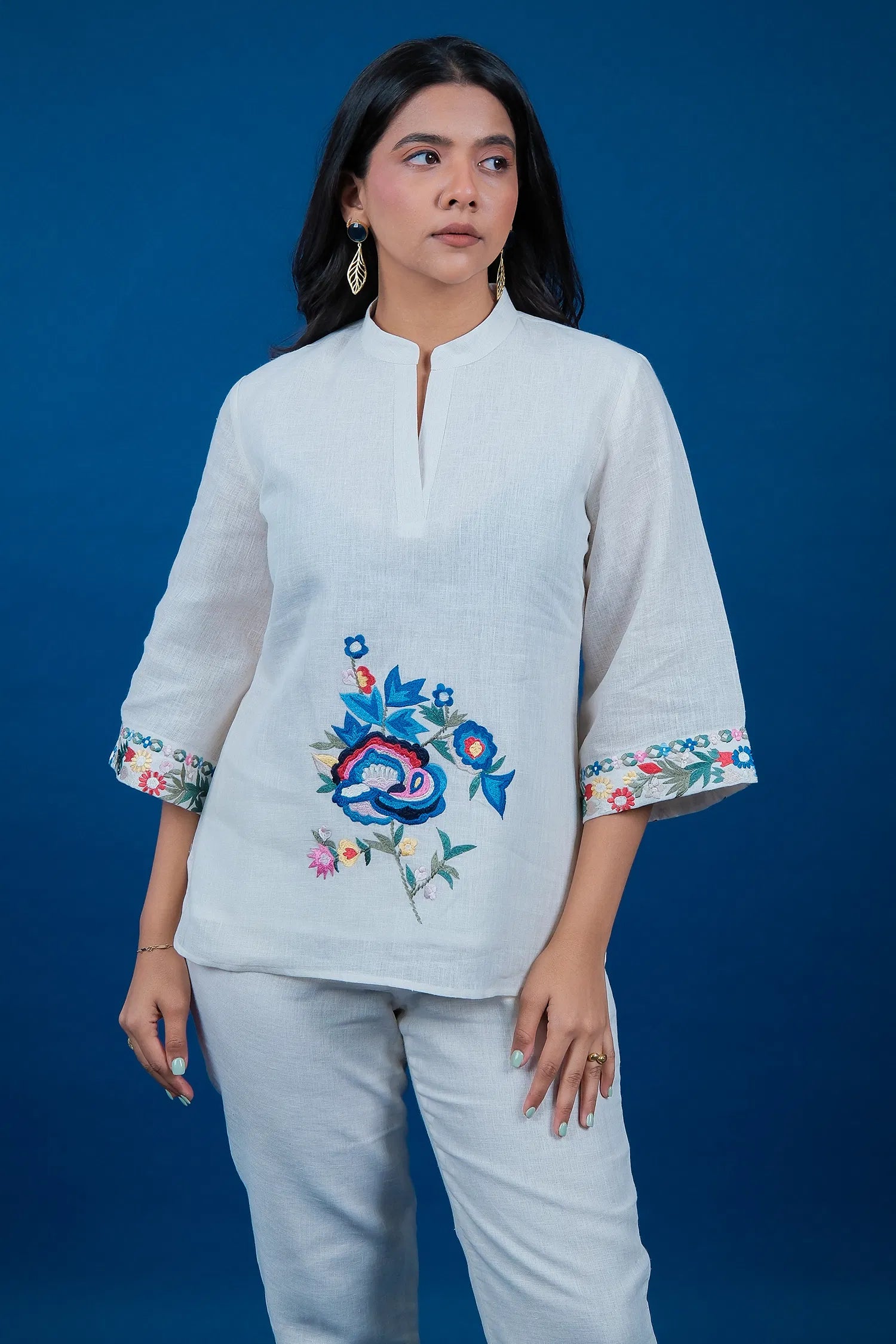 Off White Cotton Thread Embroidered Co-Ord Set