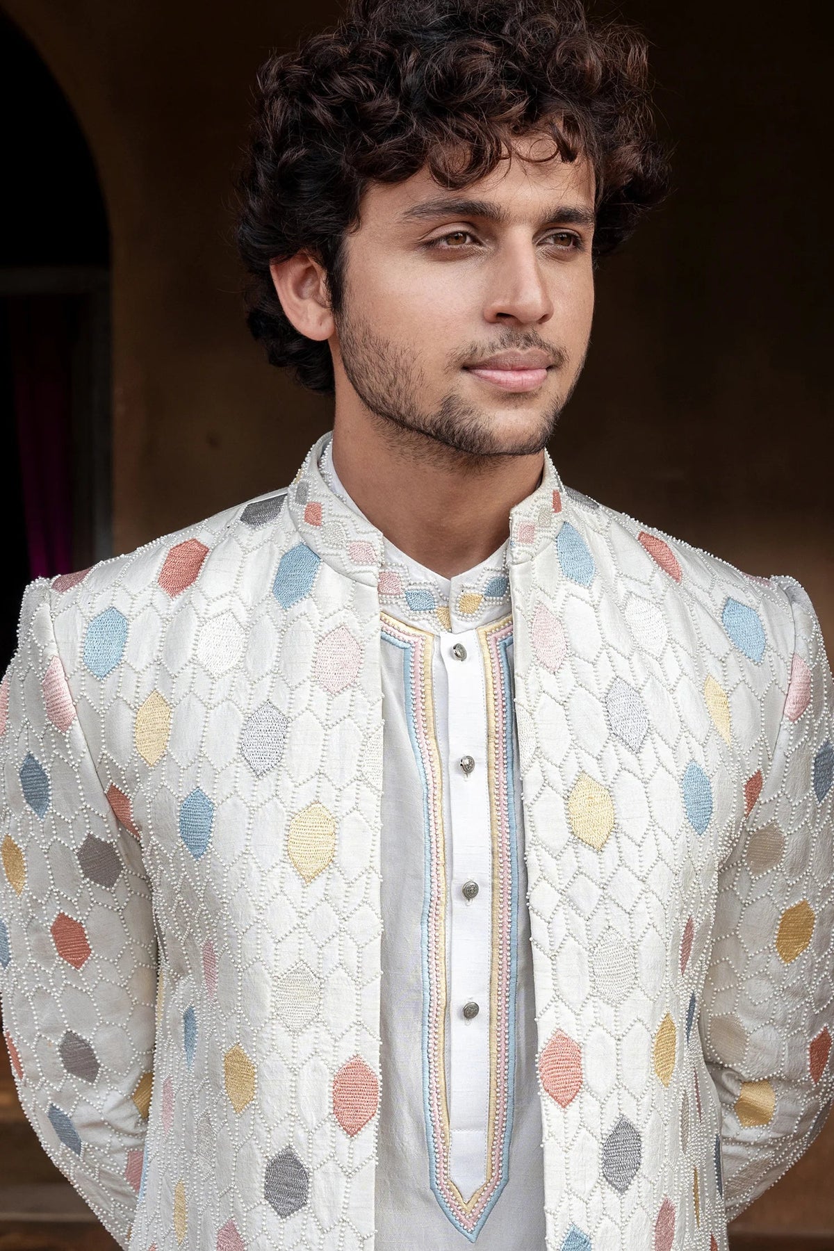 Off White Jodhpuri Kurta Set in Silk with Multi Colored Embroidery and Beads Work Jacket
