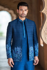 Blue Silk Jodhpuri Kurta Set in Raw Silk with French Knot Embroidery Work Jacket