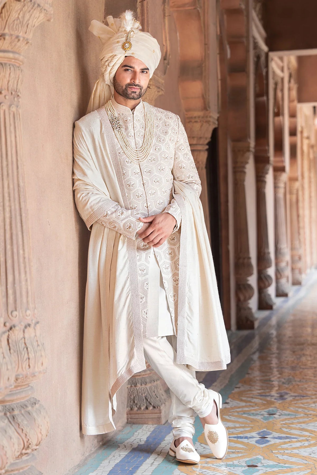 Cream French Knot and Zardosi Work Sherwani Set in Raw Silk
