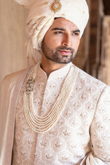 Cream French Knot and Zardosi Work Sherwani Set in Raw Silk