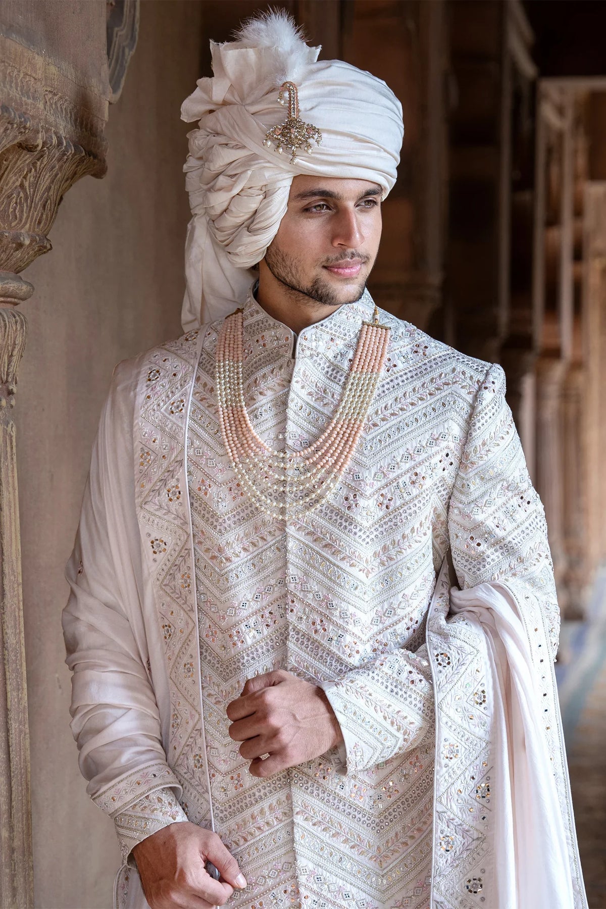 Light Pink Beads and Cutdana Work Sherwani Set in Raw Silk
