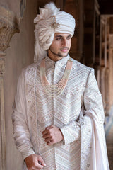 Light Pink Beads and Cutdana Work Sherwani Set in Raw Silk