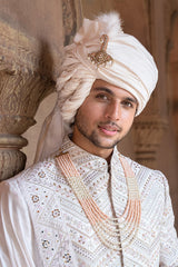 Light Pink Beads and Cutdana Work Sherwani Set in Raw Silk