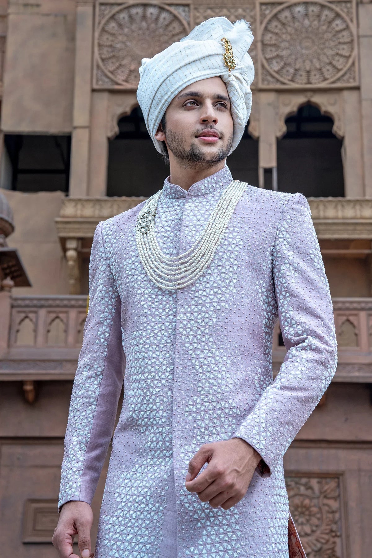 Light Purple Cutdana and French Knot Work Sherwani Set in Raw Silk