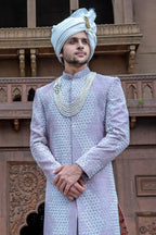 Light Purple Cutdana and French Knot Work Sherwani Set in Raw Silk