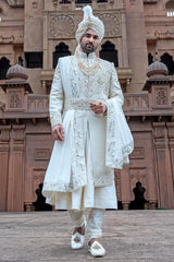 Pearl White Khadi Silk Handwork Sherwani Set
