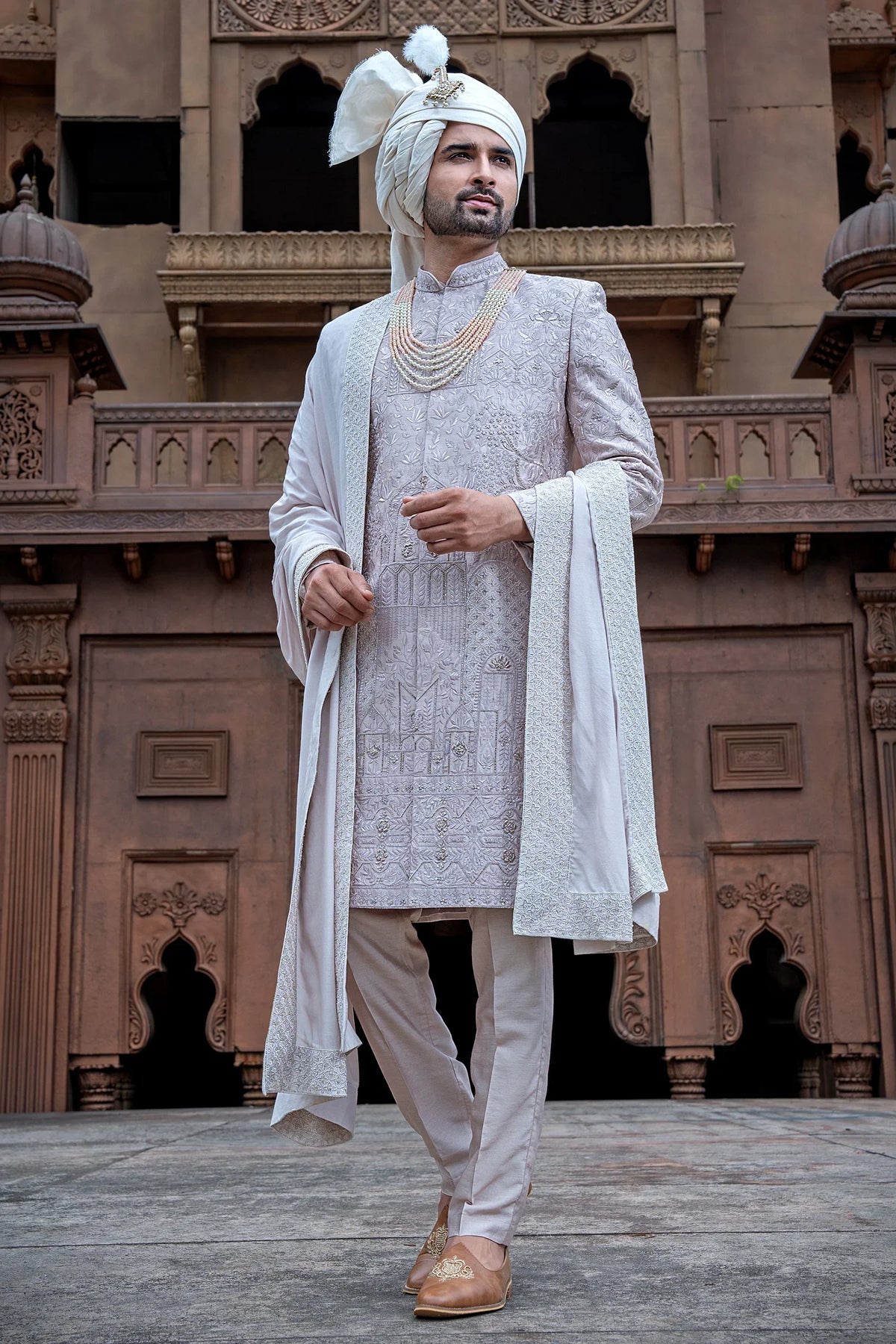 Lilac Purple Cutdana and Embroidery Work Sherwani Set in Silk