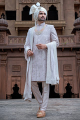 Lilac Purple Cutdana and Embroidery Work Sherwani Set in Silk