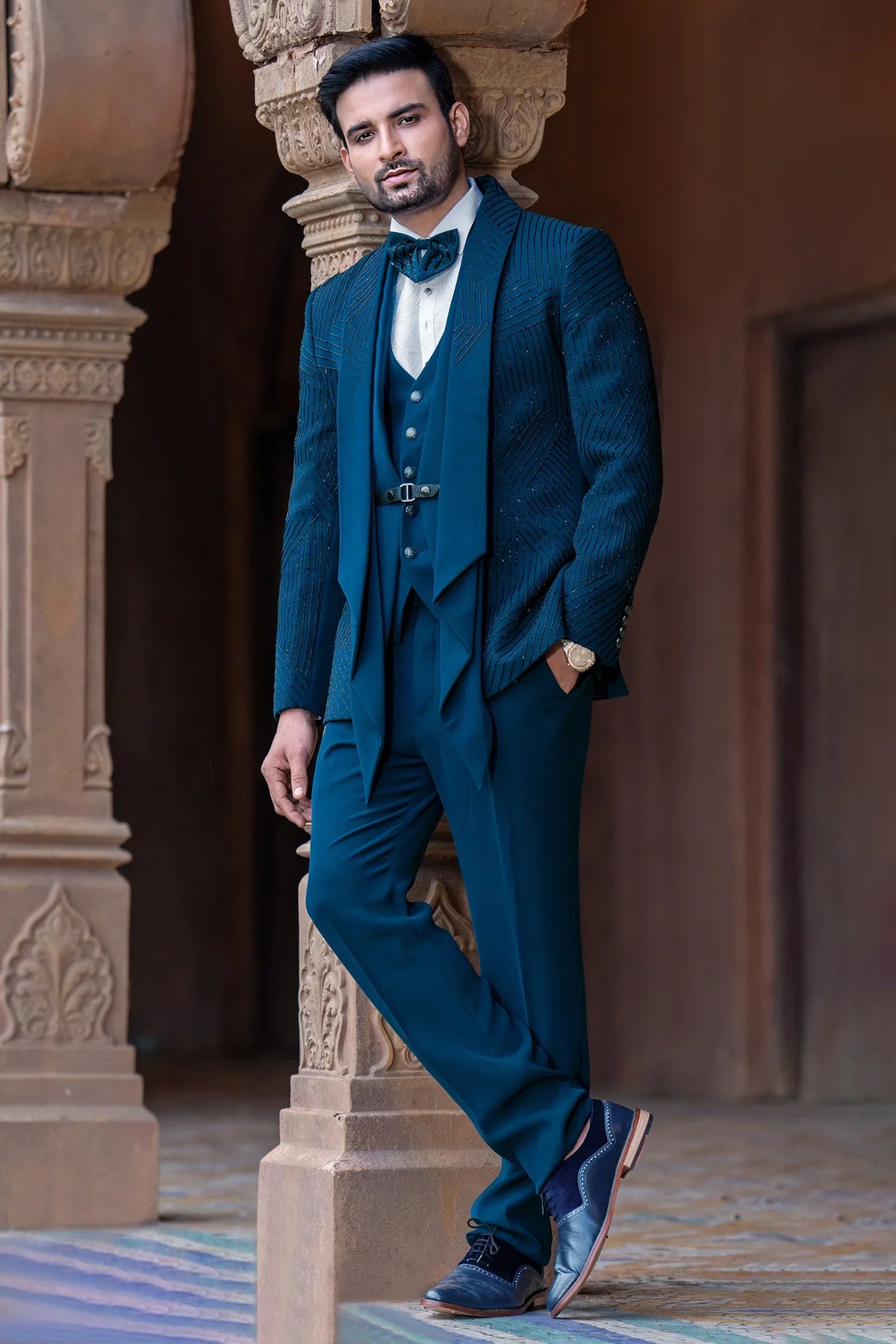 Teal Blue and White Imported Tuxedo Suit with Cutdana Work