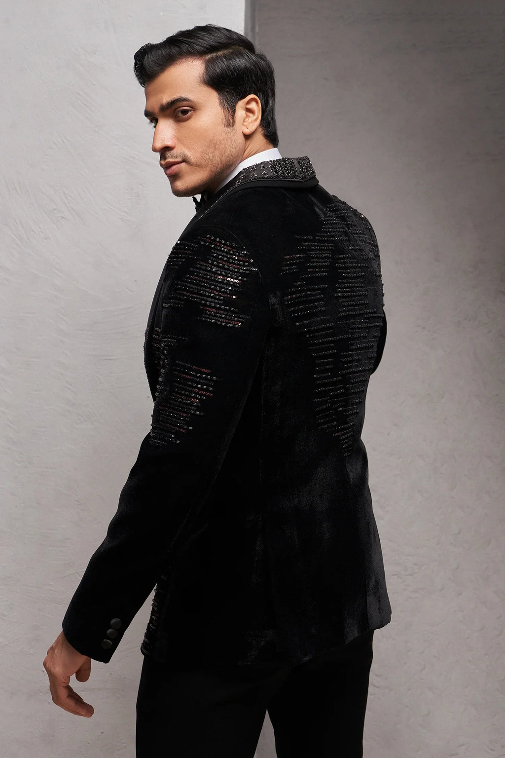 Black Velvet Imported Tuxedo Suit with Sequins and Cutdana Work