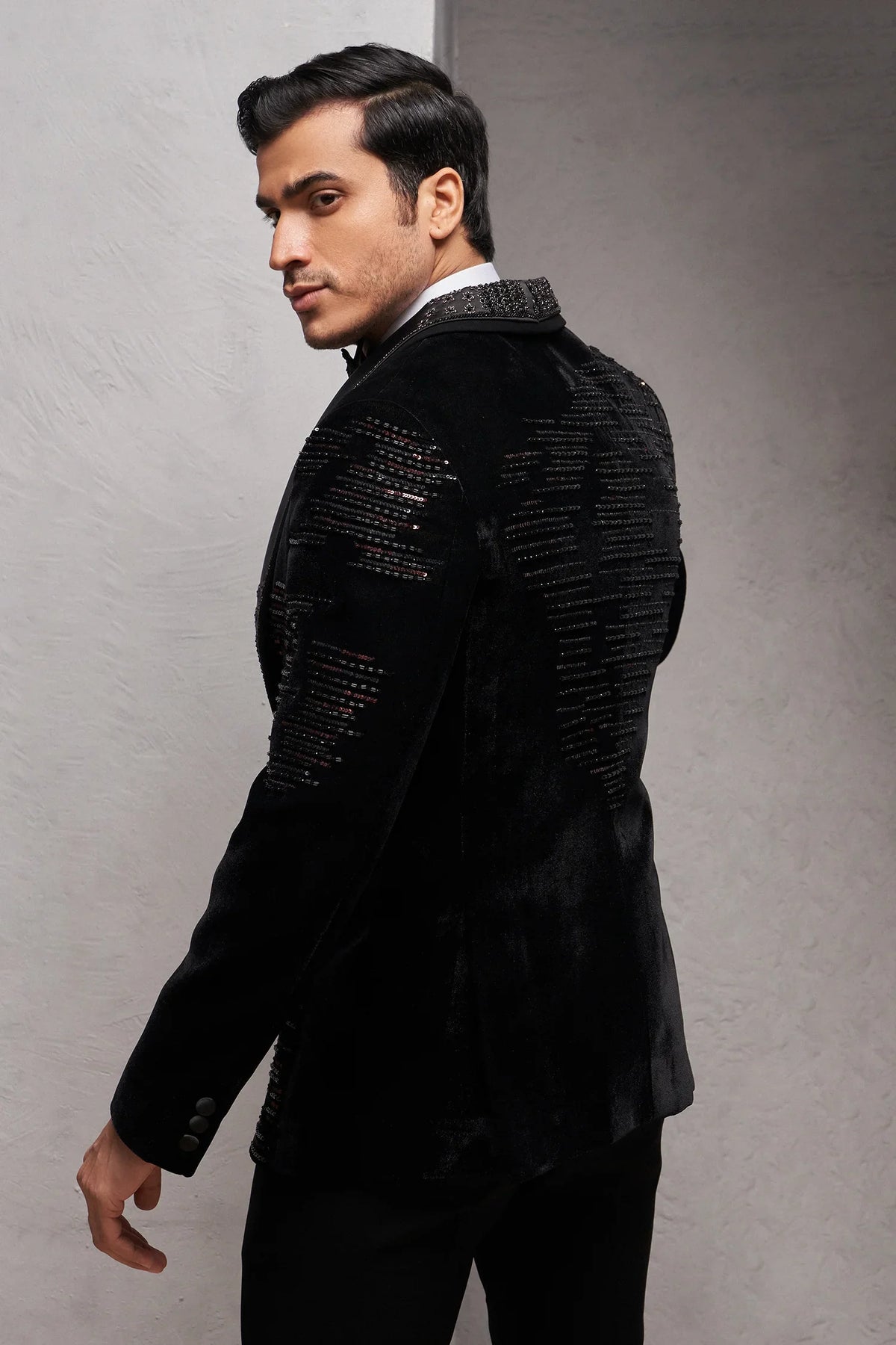 Black Velvet Imported Tuxedo Suit with Sequins and Cutdana Work
