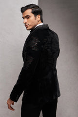 Black Velvet Imported Tuxedo Suit with Sequins and Cutdana Work