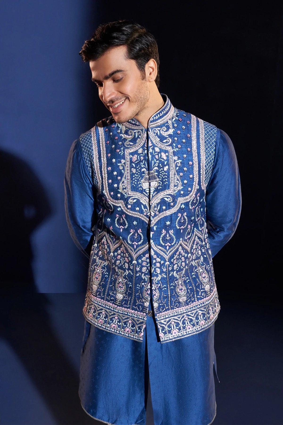 Blue Satin Embroidered Koti Kurta Set