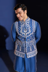 Blue Satin Embroidered Koti Kurta Set