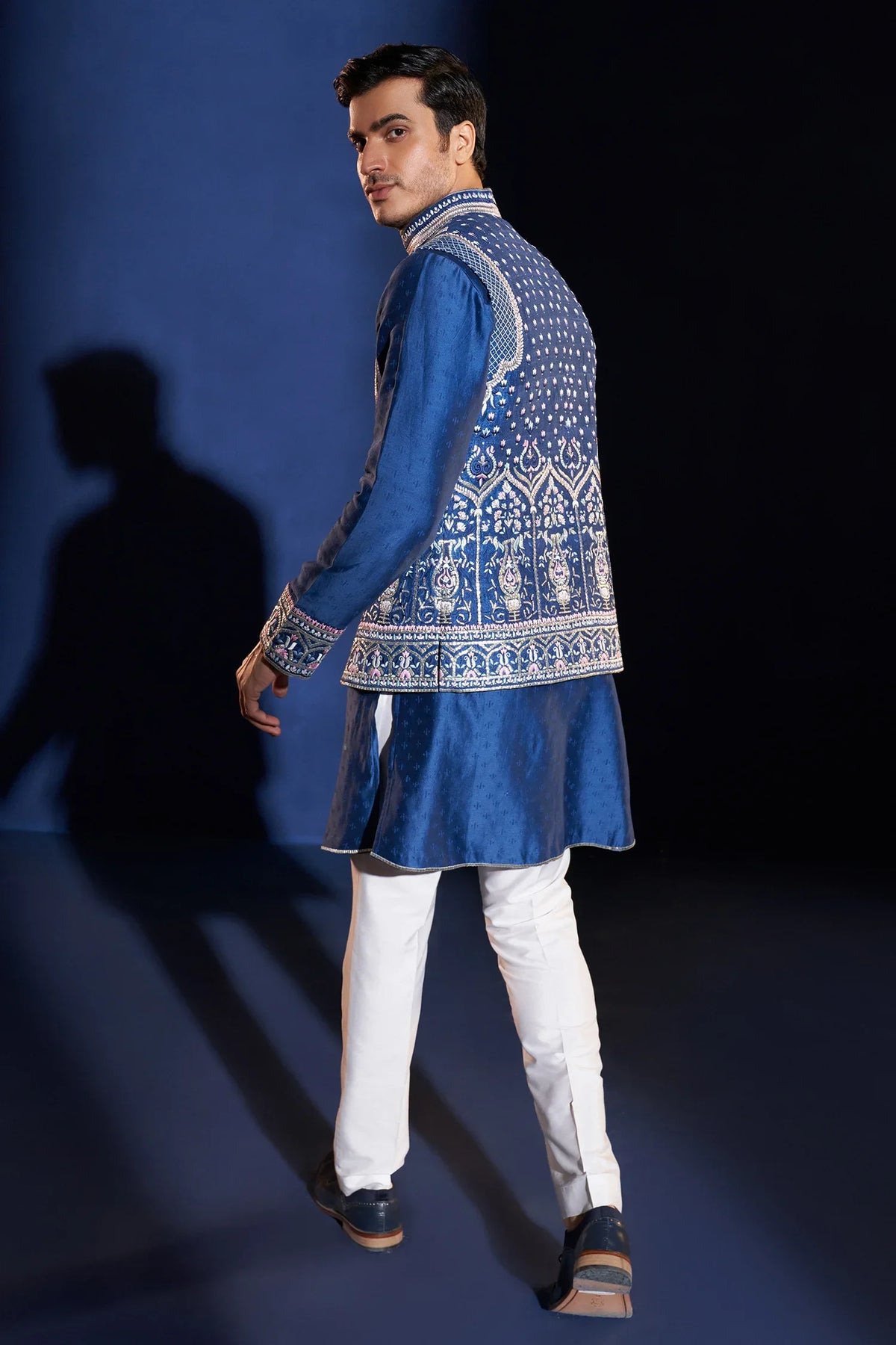 Blue Satin Embroidered Koti Kurta Set