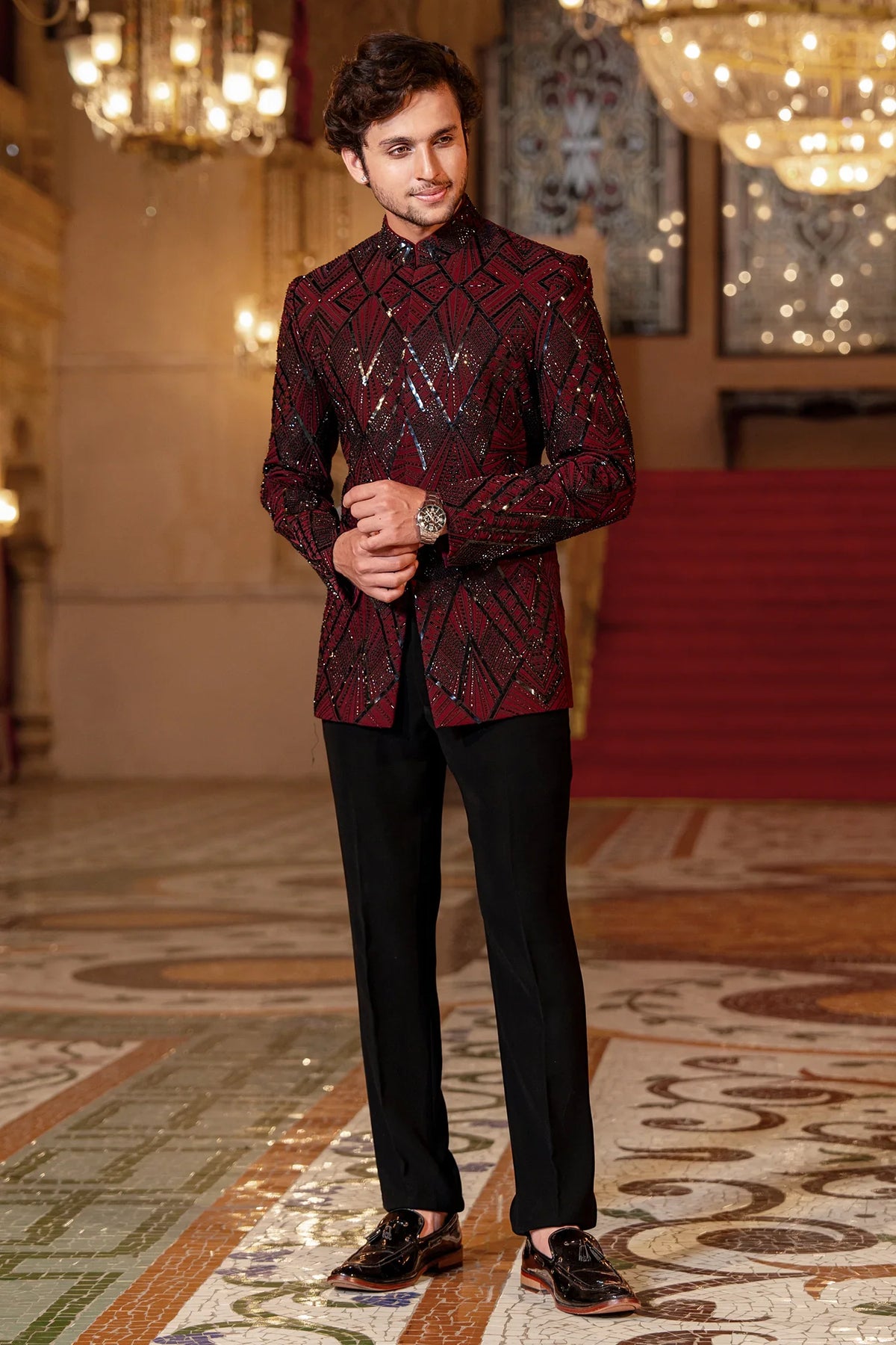 Maroon Cutdana and Beads Work Jhodhpuri Set in Imported
