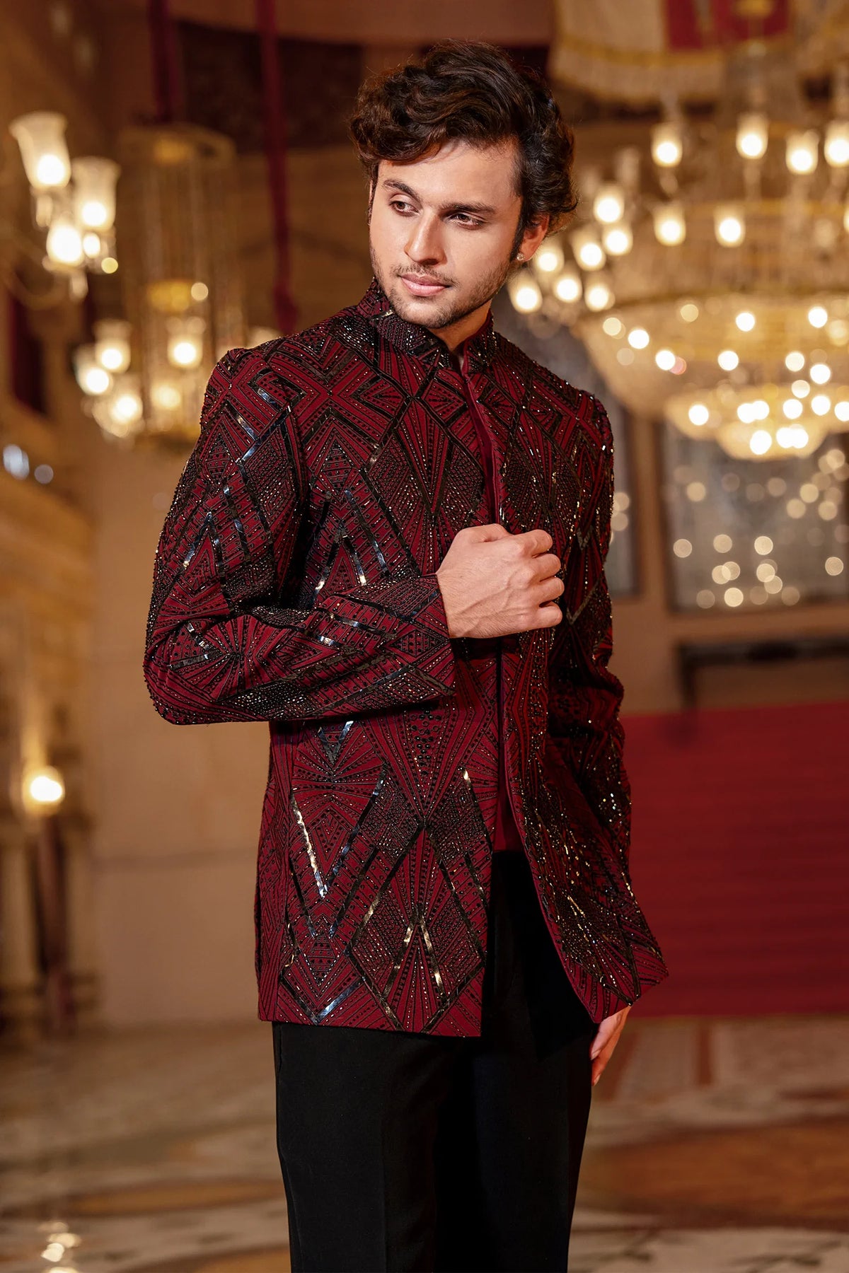 Maroon Cutdana and Beads Work Jhodhpuri Set in Imported
