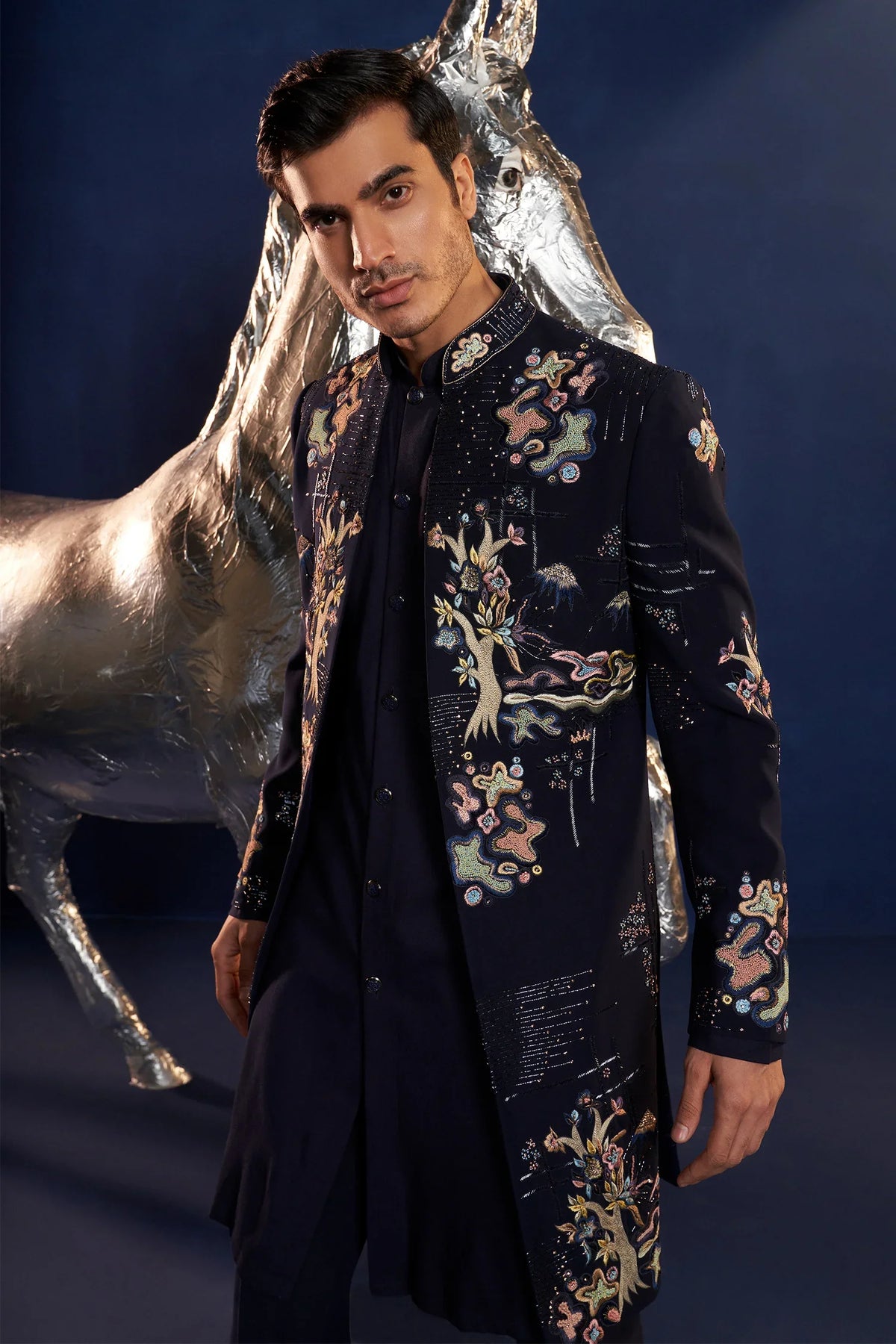 Navy Blue Imported Indo Western Set with French Knot and Cutdana Work