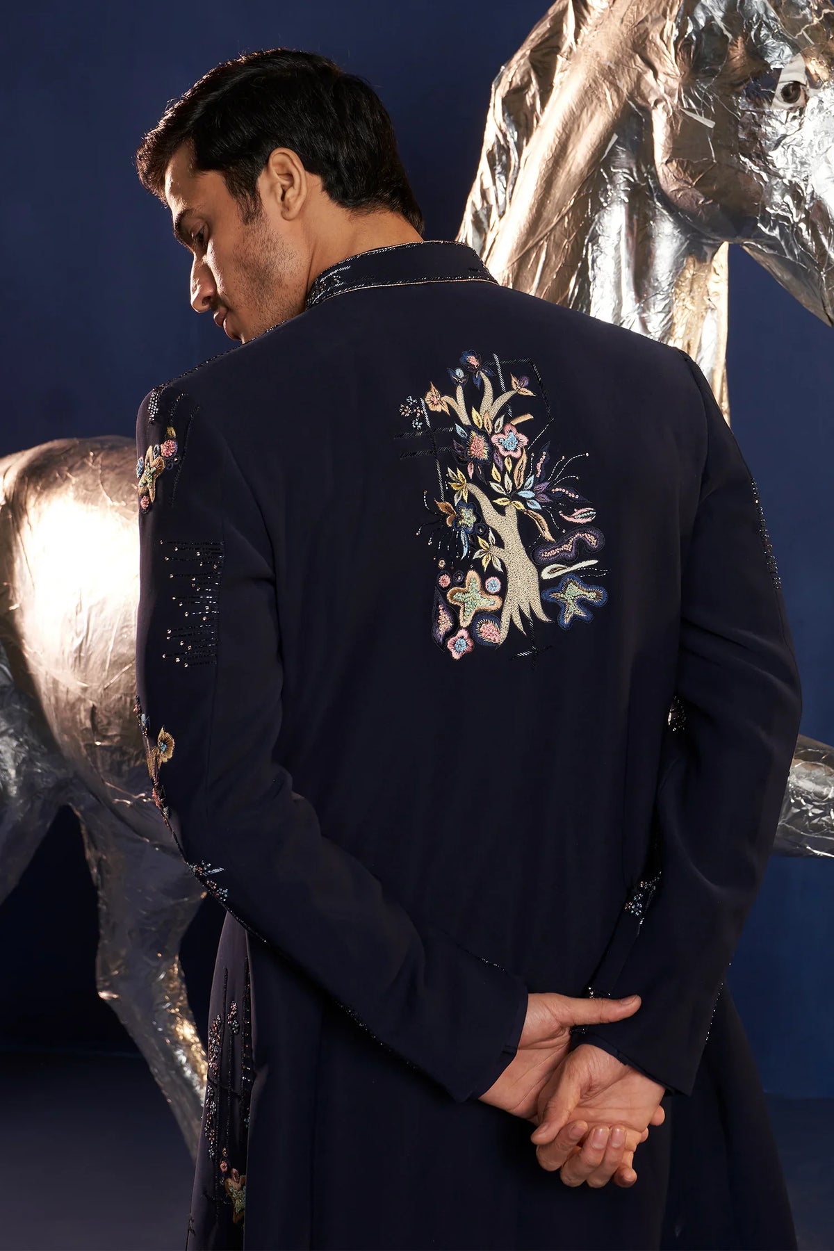 Navy Blue Imported Indo Western Set with French Knot and Cutdana Work