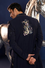 Navy Blue Imported Indo Western Set with French Knot and Cutdana Work